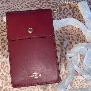 Coach Burgundy Leather Phone Bag with Gold Chain